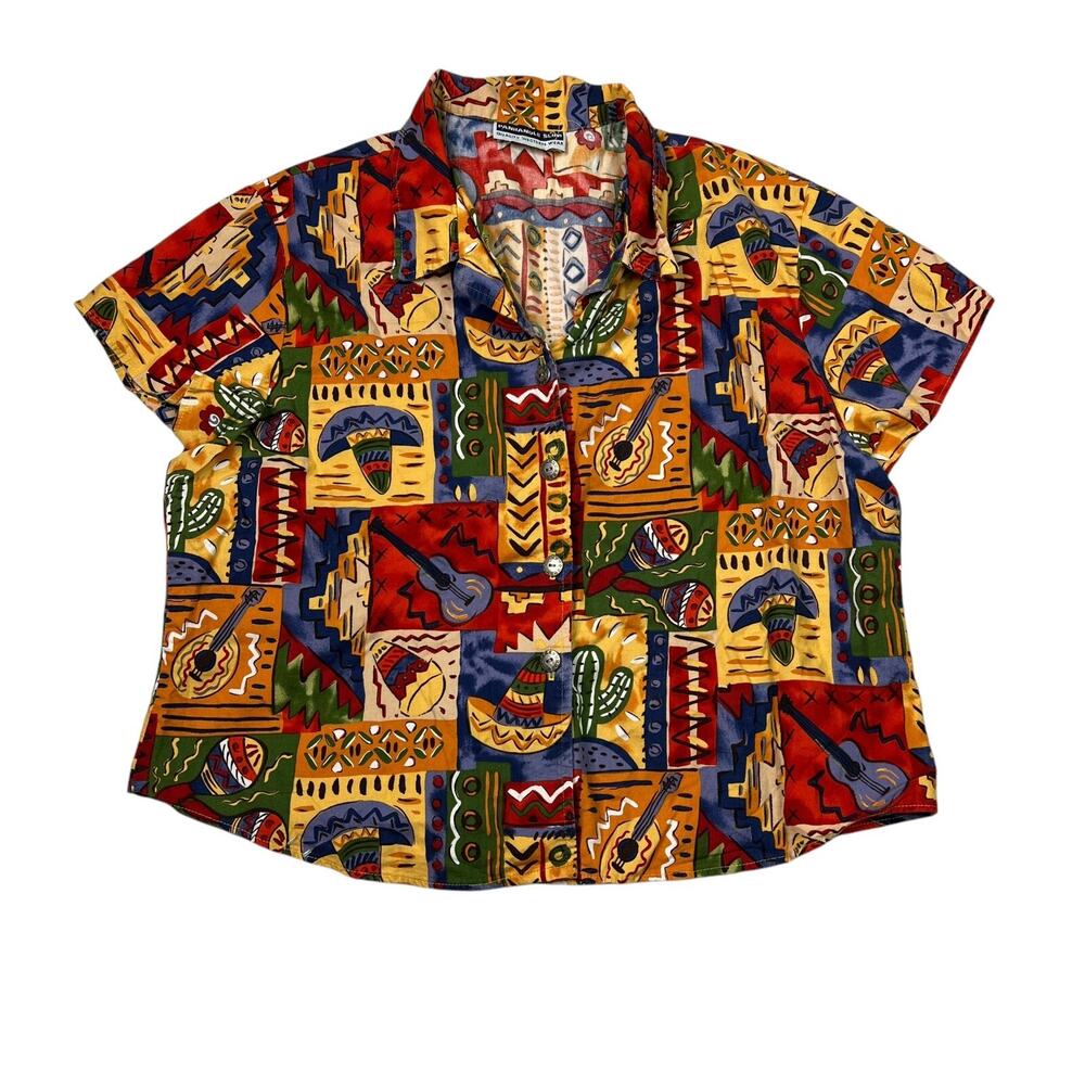 Vintage 90s AOP Southwestern Cropped Button Up Camp Shirt Womens Large